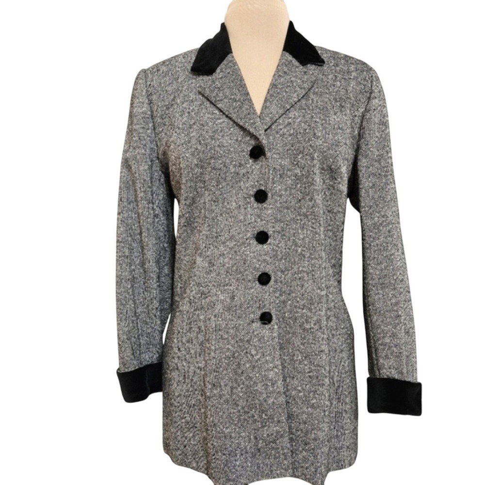 Renlyn New York Wool Black‎ Marled Crushed Velvet Collar Longline Tweed Blazer 8